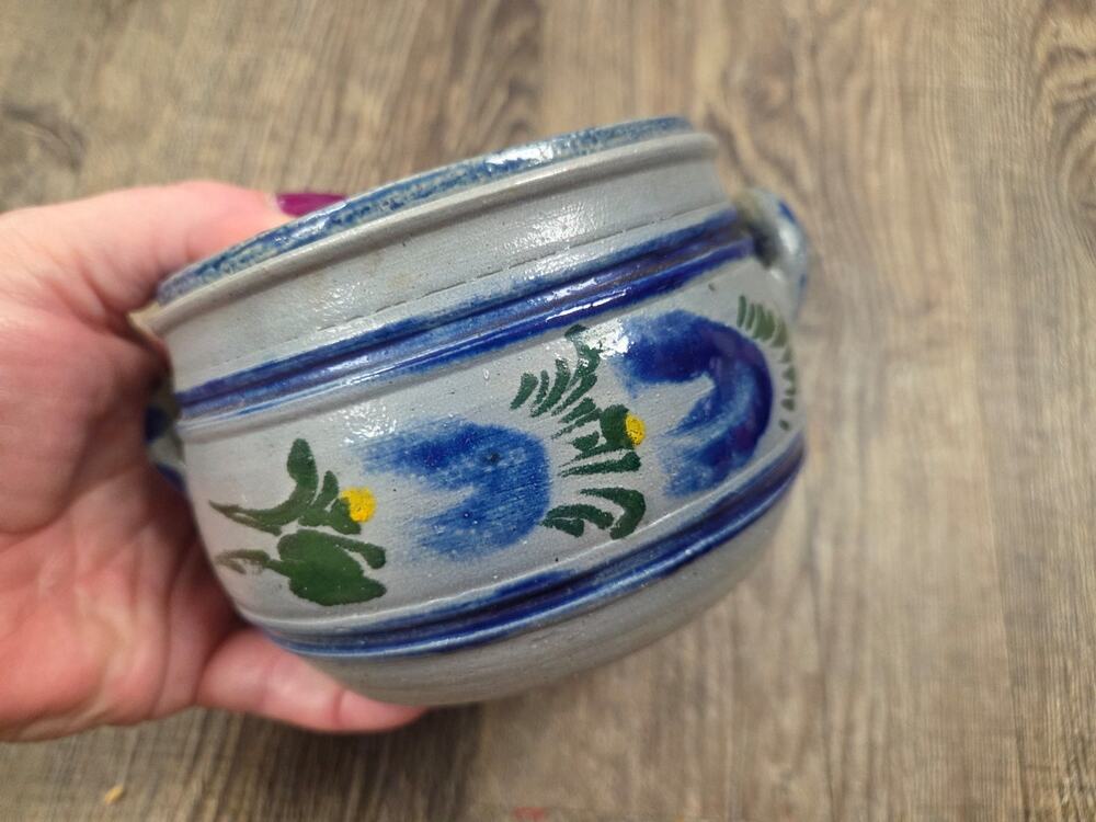 French butter crock Handpainted Blue Stoneware Bowl Lid Salt-Glazed Antique
